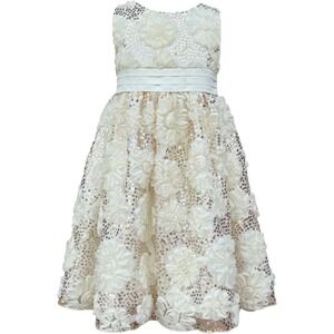 American Princess Ivory Gold Sequin 3D Rosette Party Formal Dress 6 Glam Wedding